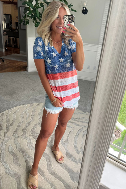 Bluing Vintage Stars Stripes V Neck T Shirt
