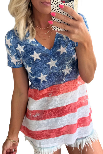 Bluing Vintage Stars Stripes V Neck T Shirt
