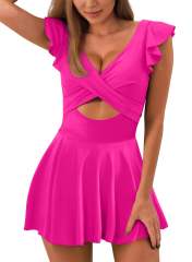 Rosy Ruffle Hem Crossed Cutout One Piece Swimdress