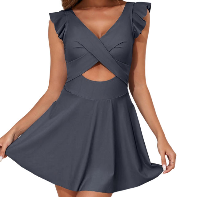 Gray Ruffle Hem Crossed Cutout One Piece Swimdress