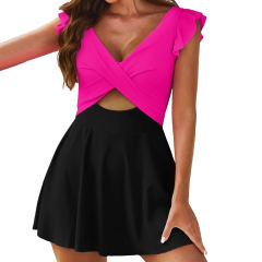 Rosy Spliced Crossed Cutout One Piece Swimdress