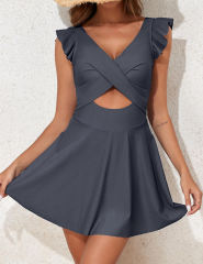 Gray Ruffle Hem Crossed Cutout One Piece Swimdress