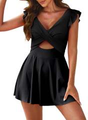 Black Ruffle Hem Crossed Cutout One Piece Swimdress