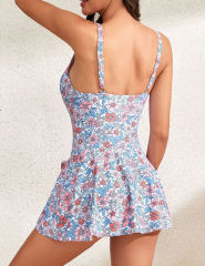 Light Blue Floral Print Knoted Split One Piece Swim Dress
