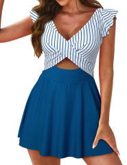Blue Striped Crossed Cutout One Piece Swimdress