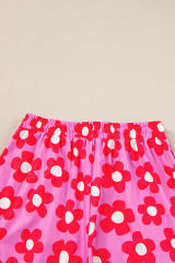 Pink Flower Print Short Sleeve Shirt Pajamas Set
