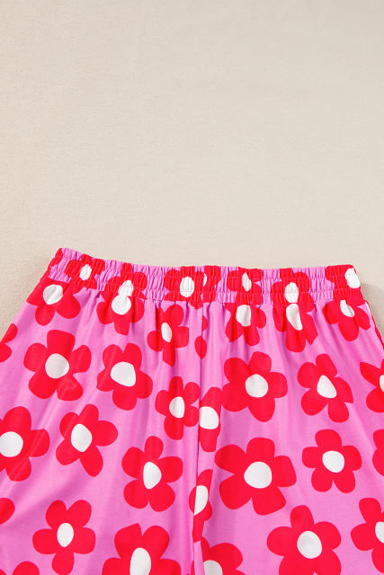 Pink Flower Print Short Sleeve Shirt Pajamas Set