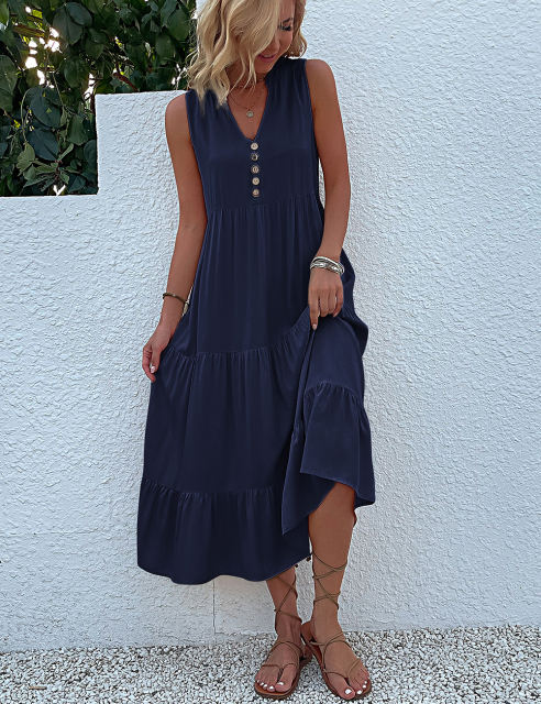 Dark Blue Sleeveless V Neck Tiered Midi Dress