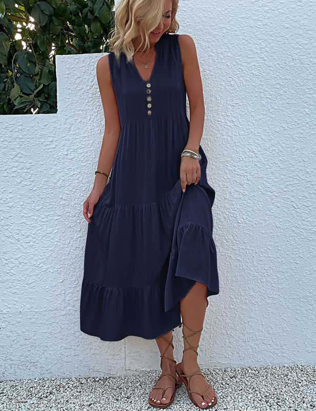 Dark Blue Sleeveless V Neck Tiered Midi Dress
