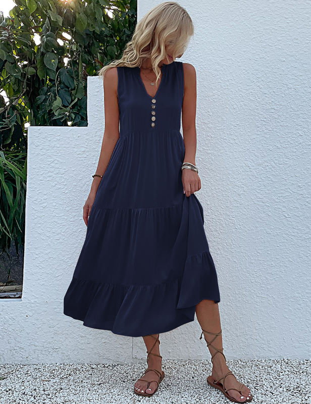 Dark Blue Sleeveless V Neck Tiered Midi Dress