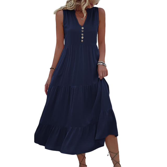 Dark Blue Sleeveless V Neck Tiered Midi Dress