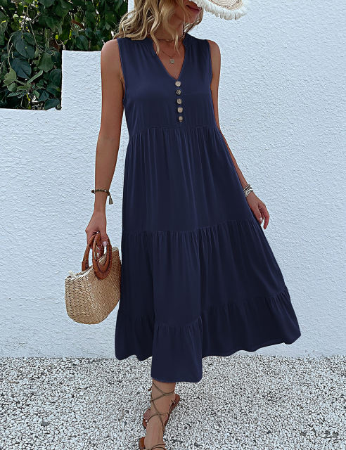 Dark Blue Sleeveless V Neck Tiered Midi Dress