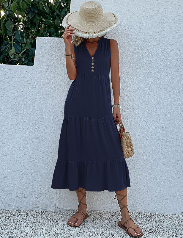 Dark Blue Sleeveless V Neck Tiered Midi Dress