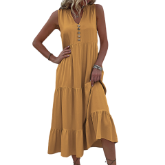 Yellow Sleeveless V Neck Tiered Midi Dress