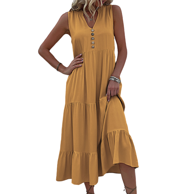 Yellow Sleeveless V Neck Tiered Midi Dress
