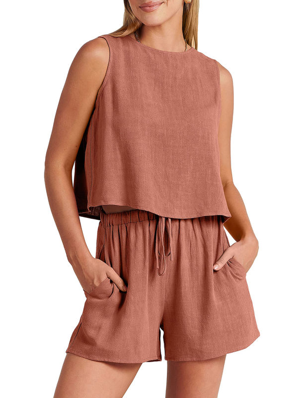 Orange Sleeveless Tank Top with Pocket Shorts Set