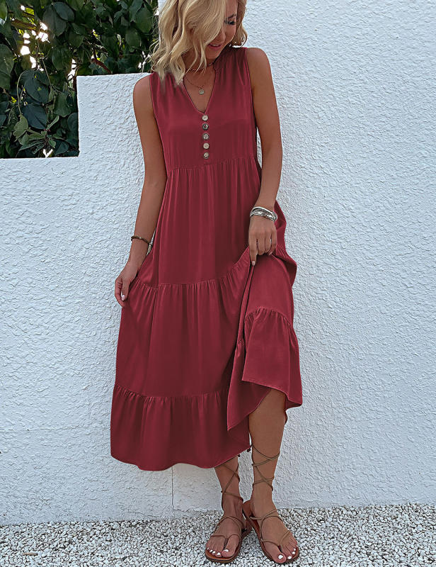 Burgundy Sleeveless V Neck Tiered Midi Dress