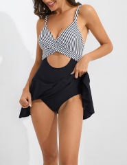 Black White Striped Patchwork Crossed Cutout Swim Dress