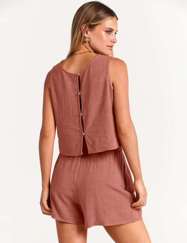 Orange Sleeveless Tank Top with Pocket Shorts Set