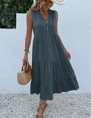 Gray Sleeveless V Neck Tiered Midi Dress