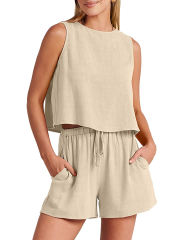 Apricot Sleeveless Tank Top with Pocket Shorts Set