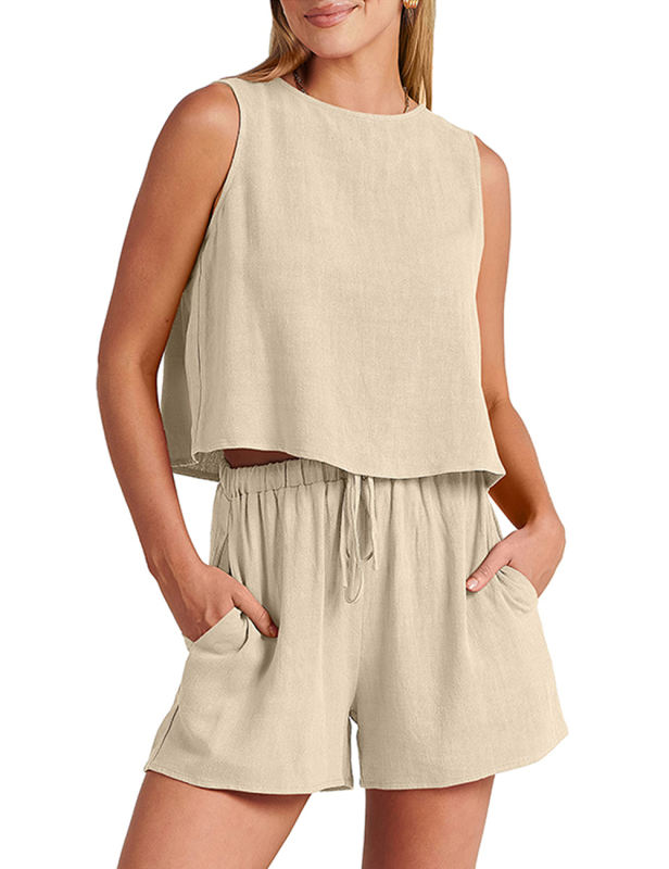 Apricot Sleeveless Tank Top with Pocket Shorts Set
