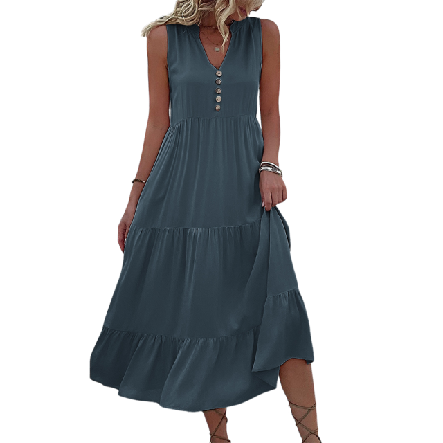 Gray Sleeveless V Neck Tiered Midi Dress