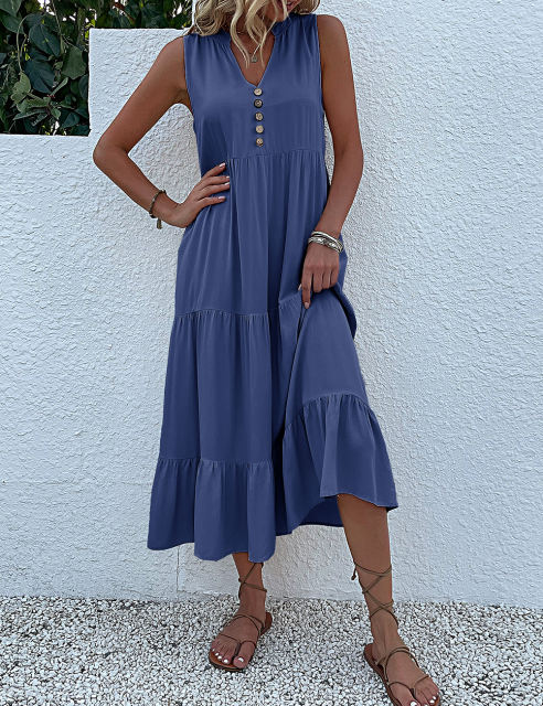 Blue Sleeveless V Neck Tiered Midi Dress