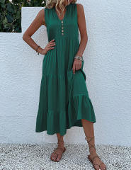 Dark Green Sleeveless V Neck Tiered Midi Dress
