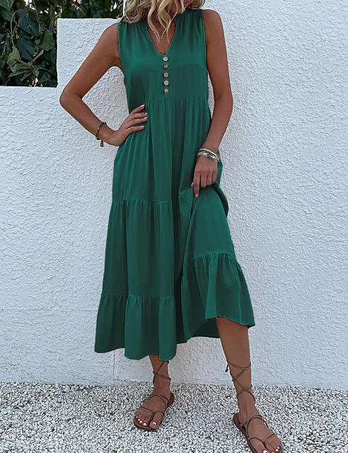 Dark Green Sleeveless V Neck Tiered Midi Dress