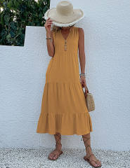 Yellow Sleeveless V Neck Tiered Midi Dress