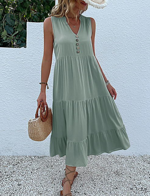Pea Green Sleeveless V Neck Tiered Midi Dress