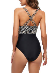 Leopard Patchwork Deep V Neck One Piece Swimsuit