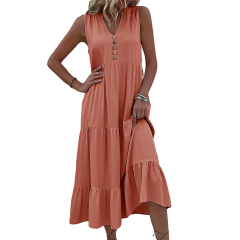 Orange Sleeveless V Neck Tiered Midi Dress