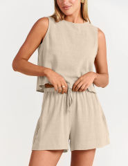 Apricot Sleeveless Tank Top with Pocket Shorts Set