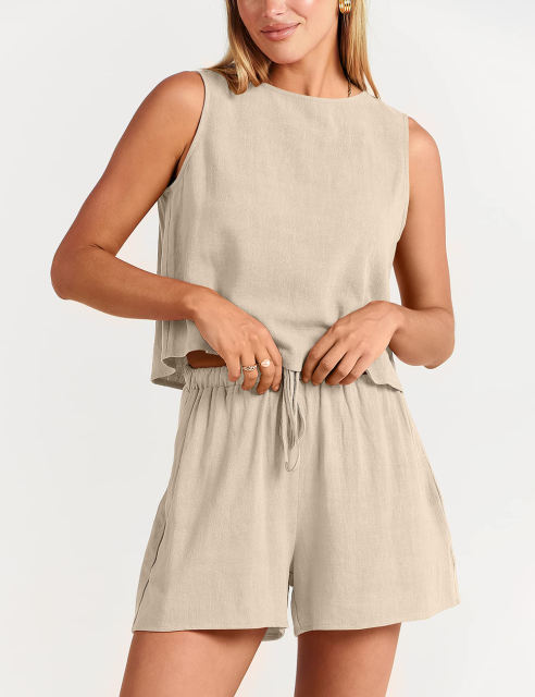Apricot Sleeveless Tank Top with Pocket Shorts Set