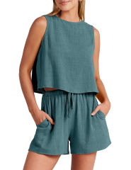 Blue Sleeveless Tank Top with Pocket Shorts Set