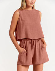 Orange Sleeveless Tank Top with Pocket Shorts Set