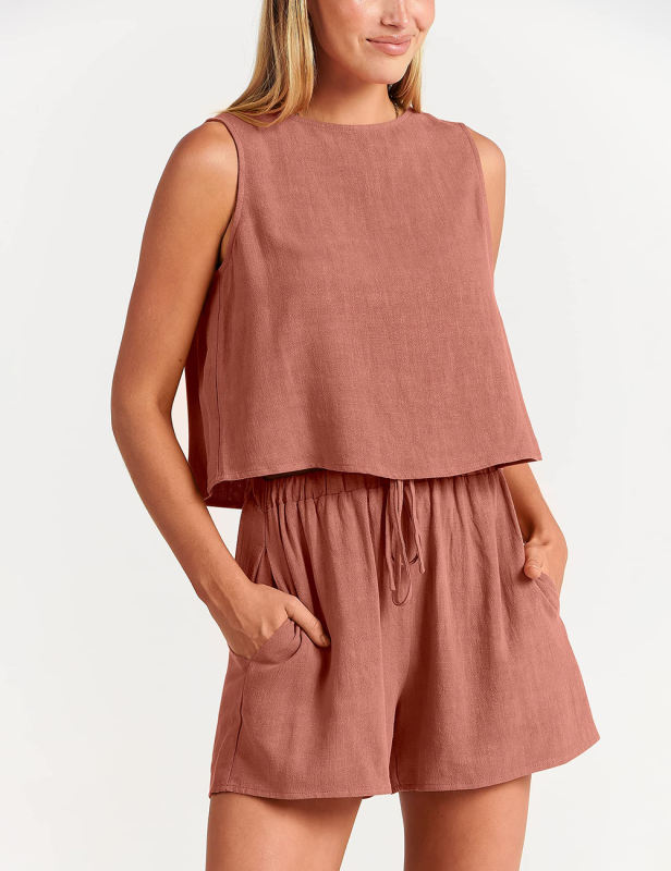 Orange Sleeveless Tank Top with Pocket Shorts Set