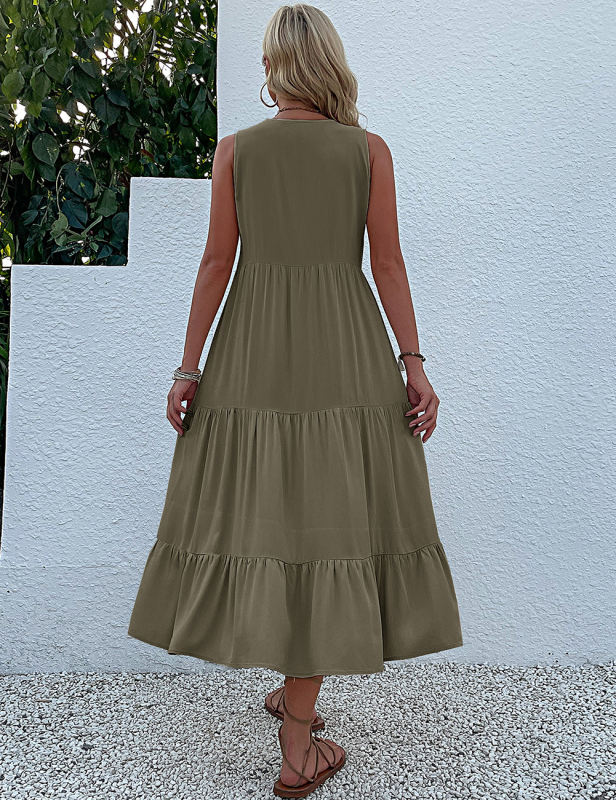 Blue Sleeveless V Neck Tiered Midi Dress