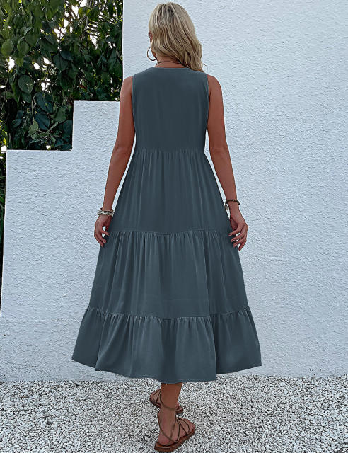 Gray Sleeveless V Neck Tiered Midi Dress
