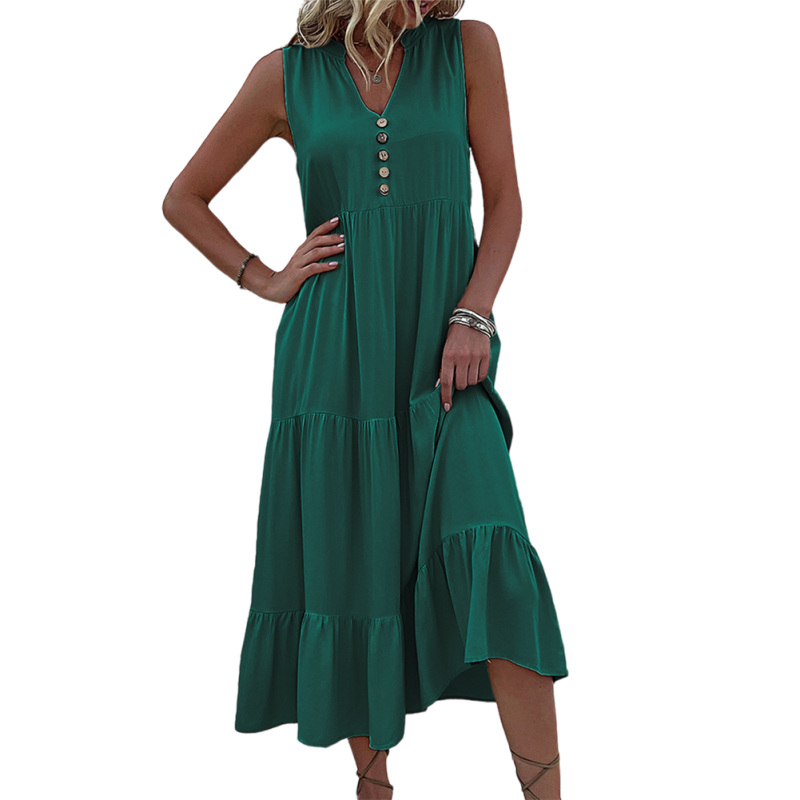Dark Green Sleeveless V Neck Tiered Midi Dress