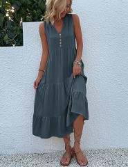 Gray Sleeveless V Neck Tiered Midi Dress