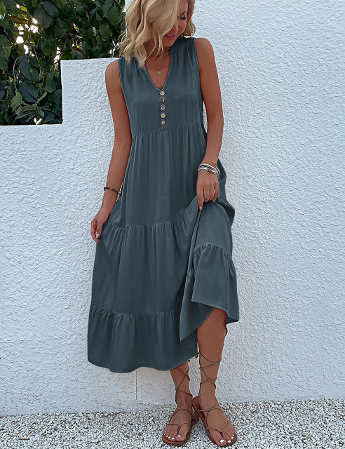 Gray Sleeveless V Neck Tiered Midi Dress
