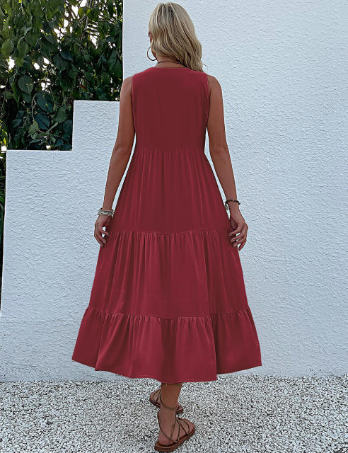 Burgundy Sleeveless V Neck Tiered Midi Dress