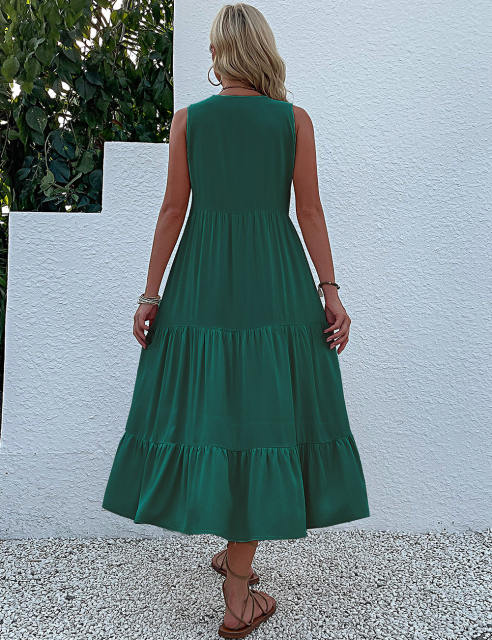 Dark Green Sleeveless V Neck Tiered Midi Dress