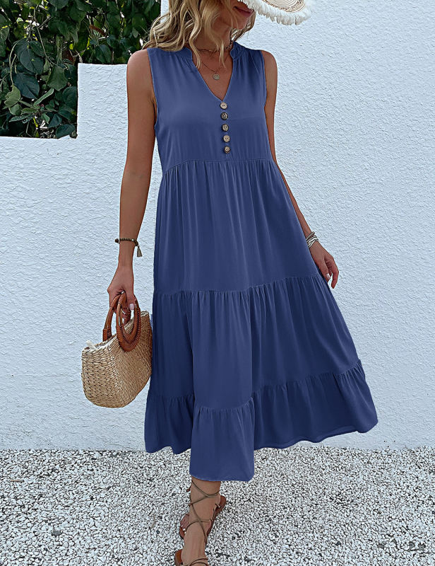 Blue Sleeveless V Neck Tiered Midi Dress