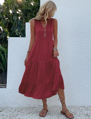 Burgundy Sleeveless V Neck Tiered Midi Dress