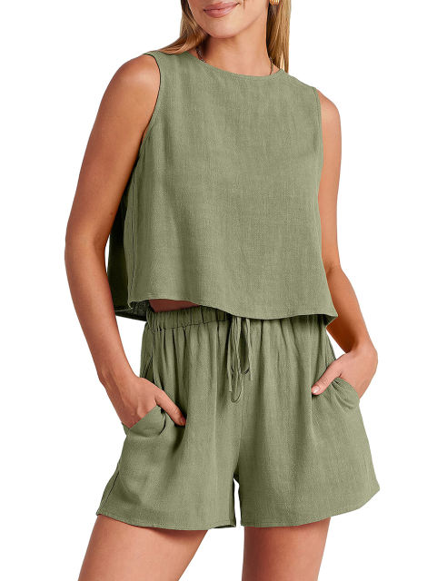 Green Sleeveless Tank Top with Pocket Shorts Set