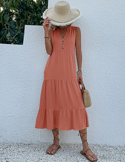 Orange Sleeveless V Neck Tiered Midi Dress